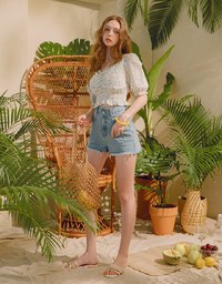 Cinched Waist Square Neck Floral Top