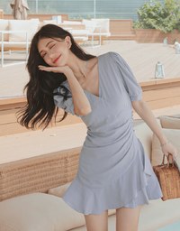 Asymmetrical Ruched Frill Hem Mini Dress