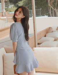Asymmetrical Ruched Frill Hem Mini Dress