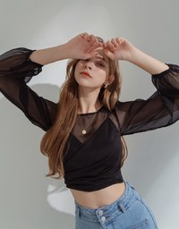 Fake Two-Piece Sheer Crop Top