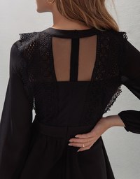 Delicate Lace Trim Splice Sheer Mini Dress