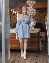 Voguish Buttoned Puffy Denim Jeans Mini Dress(With belt)