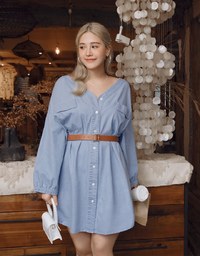 Voguish Buttoned Puffy Denim Jeans Mini Dress(With belt)