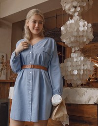 Voguish Buttoned Puffy Denim Jeans Mini Dress(With belt)