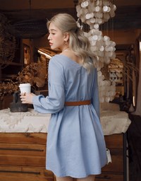Voguish Buttoned Puffy Denim Jeans Mini Dress(With belt)