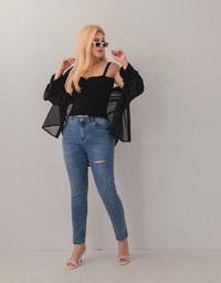 Smocked Cami Top & Semi-Sheer Blouse Shirt Set Wear