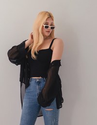 Smocked Cami Top & Semi-Sheer Blouse Shirt Set Wear