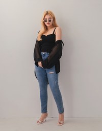 Smocked Cami Top & Semi-Sheer Blouse Shirt Set Wear