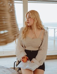 Smocked Cami Top & Semi-Sheer Blouse Shirt Set Wear