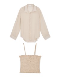 Smocked Cami Top & Semi-Sheer Blouse Shirt Set Wear