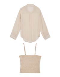 Smocked Cami Top & Semi-Sheer Blouse Shirt Set Wear