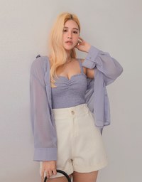 Smocked Cami Top & Semi-Sheer Blouse Shirt Set Wear