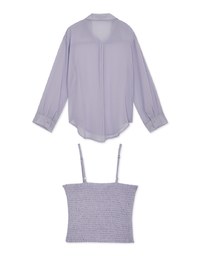Smocked Cami Top & Semi-Sheer Blouse Shirt Set Wear
