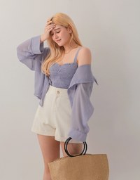 Smocked Cami Top & Semi-Sheer Blouse Shirt Set Wear