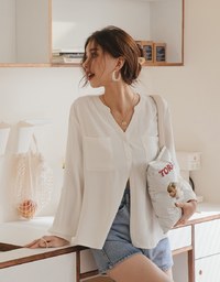 Textured Anti-Wrinkle Iron Free Collarless Blouse Shirt