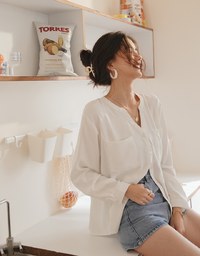 Textured Anti-Wrinkle Iron Free Collarless Blouse Shirt