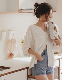 Textured Anti-Wrinkle Iron Free Collarless Blouse Shirt