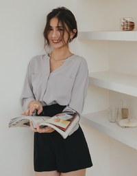 Textured Anti-Wrinkle Iron Free Collarless Blouse Shirt