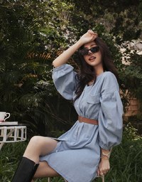 Voguish Buttoned Puffy Denim Jeans Mini Dress(With belt)
