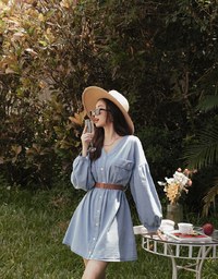 Voguish Buttoned Puffy Denim Jeans Mini Dress(With belt)