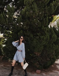 Voguish Buttoned Puffy Denim Jeans Mini Dress(With belt)
