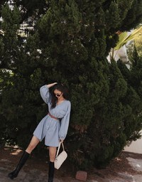 Voguish Buttoned Puffy Denim Jeans Mini Dress(With belt)