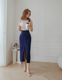 No Filter High Waisted Snatched Waist Shape-Up Slimming Slit Denim Jeans Midi Skirt