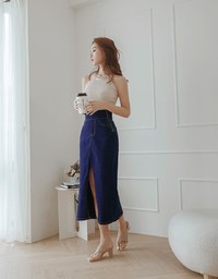 No Filter High Waisted Snatched Waist Shape-Up Slimming Slit Denim Jeans Midi Skirt