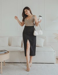 No Filter High Waisted Snatched Waist Shape-Up Slimming Slit Denim Jeans Midi Skirt