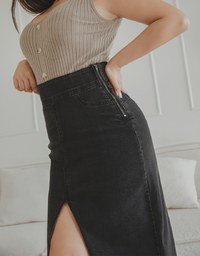 No Filter High Waisted Snatched Waist Shape-Up Slimming Slit Denim Jeans Midi Skirt