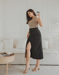 No Filter High Waisted Snatched Waist Shape-Up Slimming Slit Denim Jeans Midi Skirt