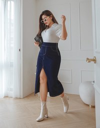 No Filter High Waisted Snatched Waist Shape-Up Slimming Slit Denim Jeans Midi Skirt