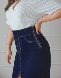 No Filter High Waisted Snatched Waist Shape-Up Slimming Slit Denim Jeans Midi Skirt