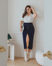 No Filter High Waisted Snatched Waist Shape-Up Slimming Slit Denim Jeans Midi Skirt
