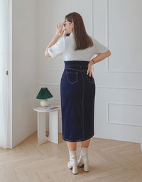 No Filter High Waisted Snatched Waist Shape-Up Slimming Slit Denim Jeans Midi Skirt
