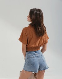 Embroidered Low-cut Lapel Crop Top
