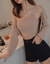 Set Wear One Shoulder Camisole Padded Bra Top + Cardigan