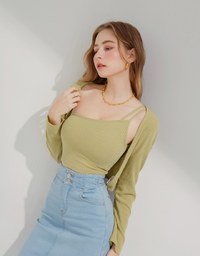 Set Wear One Shoulder Camisole Padded Bra Top + Cardigan