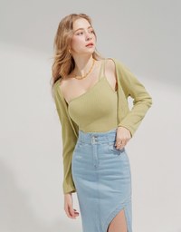 Set Wear One Shoulder Camisole Padded Bra Top + Cardigan
