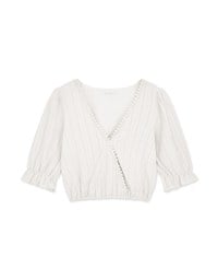 Embossed Blossoms Half Sleeve Trim Crop Top