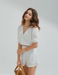 Embossed Blossoms Half Sleeve Trim Crop Top