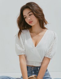 Delicate Crossover Eyelet Lace Puff Sleeve Top