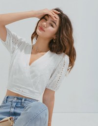 Delicate Crossover Eyelet Lace Puff Sleeve Top