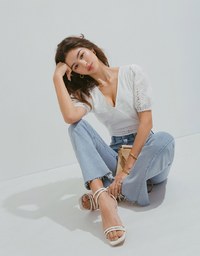 Delicate Crossover Eyelet Lace Puff Sleeve Top