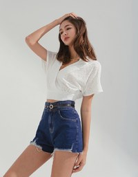 High Waisted Distressed Hem Denim Jeans Shorts (With belt)