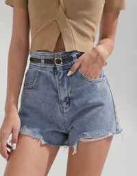 High Waisted Distressed Hem Denim Jeans Shorts (With belt)