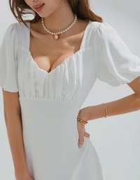 Vigorous Back-Slit Tie-Strap Hollow Waist Puff Sleeve Mini Dress
