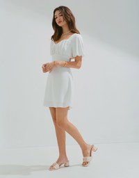 Vigorous Back-Slit Tie-Strap Hollow Waist Puff Sleeve Mini Dress
