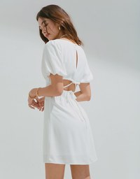 Vigorous Back-Slit Tie-Strap Hollow Waist Puff Sleeve Mini Dress