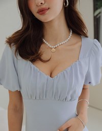 Vigorous Back-Slit Tie-Strap Hollow Waist Puff Sleeve Mini Dress